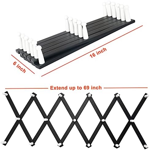 Dseap Accordian Wall Hanger: 16” High Wooden Wall Expandable Coat Rack, Hat Rack Holder, Accordion Hook for Baseball Caps, Coats, Mugs,17 Peg Hooks, Black & White - Image 6