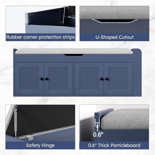 47.2" Storage Bench - Entryway Shoe Bench with Side Storage Shelves and 4 Doors, Multifunctional Entryway Bench with Lift Top Cushion, Shoe Storage Bench for Bedroom, Living Room, Navy Blue - Image 6