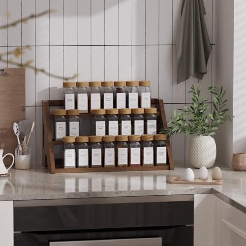 Bamboo Spice Rack Organizer -3-Tier Spice Rack for Countertop,Cabinet Spice Rack Organizer for 24 Spice Jars(4oz)，Step Shelf (Walnut) by Unknown