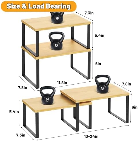 Kitchen Cabinet Organizer Shelf Set of 4, Sturdy Kitchen Counter Shelves with Metal Legs, Stackable Expandable Wood Spice Rack Pantry Cupboard Dish Mug Cup Storage Organizer Shelf,Black+Bamboo - Image 5