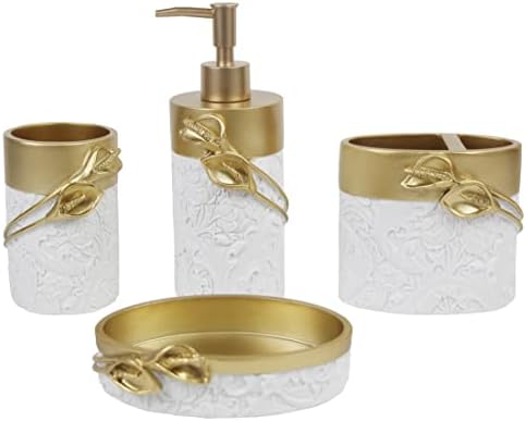Hymmah Bathroom Accessories Set,Golden Design Toothbrush Holder,Farmhouse Bathroom Decor,4 Pcs Resin Gift Set Apartment Necessities, Contain Toothbrush Cup,Soap Dispenser,Soap Dish,Tumbler by Hymmah