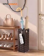 Rattan Umbrella Stand, Umbrella Holder for Entryway, Hand Woven Umbrella Rack Organizer Freestanding, with a Detachable Drip Tray, 4 Hooks, 6.5" L x 6.5" W x 16.5" H, Brown - Image 2