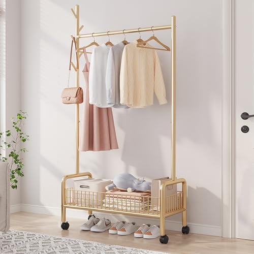 MYUPDALIN Rolling Metal Clothes Rack with Shelves & Storage Basket, Gold by MYUPDALIN