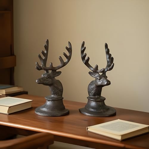 Decorative Bookend Deer Head Antler Book Ends Heavy Duty Cast Iron Vintage Shelf Decor, Antique Brown - Image 3