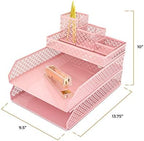 BLU MONACO | Pink Desk Organizer Set for Women 6 Piece | Mail Sorter Organizer Countertop with Letter Trays | Standing File Organizer with Mesh Pen Holders - Image 6
