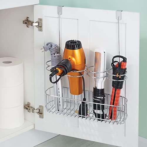 mDesign Metal Bathroom Storage Tool Organizer Accessory Basket Tray - Hang Over Cabinet Door - Storage for Hair Dryer, Straightener, Curling Iron & Hair Styling Products - Concerto Collection - Chrome - Image 3