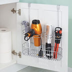 mDesign Metal Bathroom Storage Tool Organizer Accessory Basket Tray - Hang Over Cabinet Door - Storage for Hair Dryer, Straightener, Curling Iron & Hair Styling Products - Concerto Collection - Chrome - Image 3