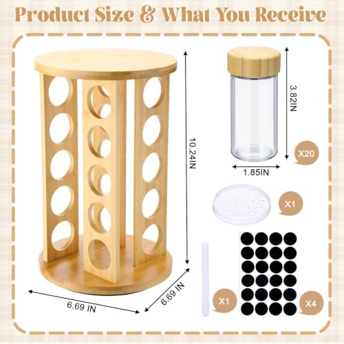 Sliner 20-jar Bamboo Rotating Spice Rack Countertop Organizer 360° Spin - Image 2