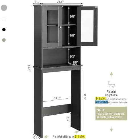 Over the Toilet Storage Cabinet for Bathroom, Storage Organizer Over Toilet, Bathroom Space Saver with Tempered Glass Doors, Gray - Image 2