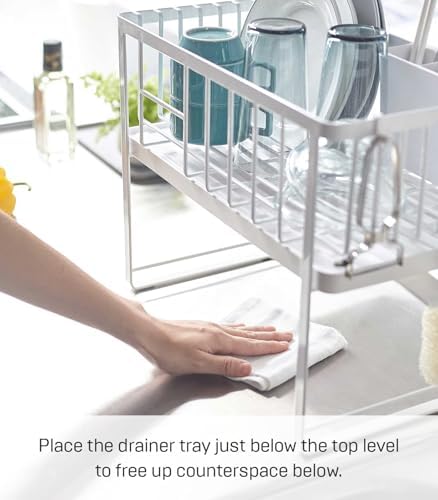 YAMAZAKI Home Two-Tier Adjustable Dish Drainer Rack, Compact Drying Rack with Hooks, Utensils Holder, Steel, Draining Spout, Water Resistant, No Assembly Req. - Image 3