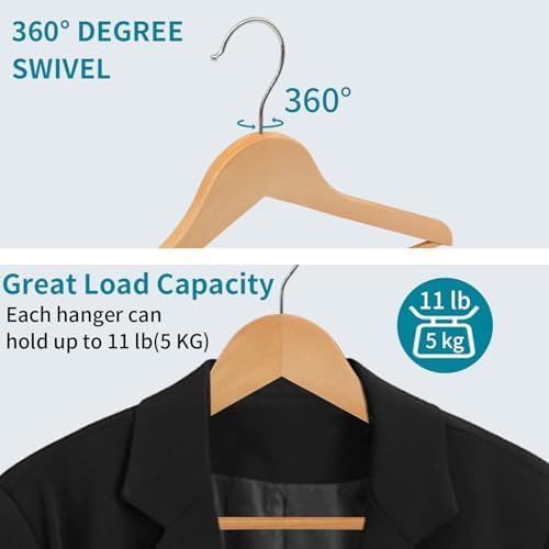 ABHENG 30 Pack Wooden Coat Hangers, 360° Swivel Hook, Suit Hangers with Anti-Slip Notches, Clothes Hangers for Jackets, Shirts, Dress, Natural UAWY0530N - Image 6