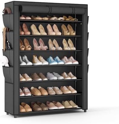 VTRIN Shoe Rack with Cover, 7 Tier Shoe Organizer Storage for 35-40 Pairs Shoes and Boots Large Capacity Tall Shoe Shelf with 8 Pockets Free Standing Shoe Rack for Closet, Entryway, Garage by VTRIN