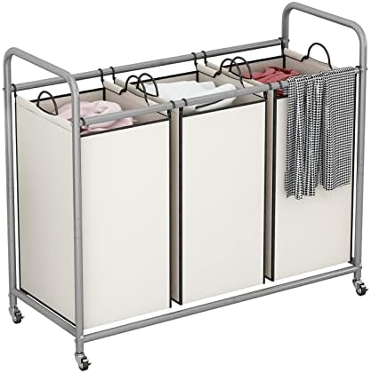 LINZINAR 3 Section Laundry Hamper, Beige Laundry Basket 135L Laundry Sorter by LINZINAR