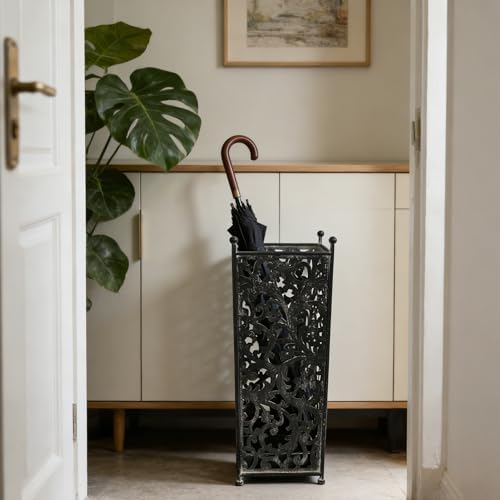 Vintage Black Metal Umbrella Holder with Ornate Cutout Pattern Antique Decorative Umbrella Stand with Detachable Drip Tray for Entryway Storage Umbrellas Canes & Walking Sticks (Black) - Image 6