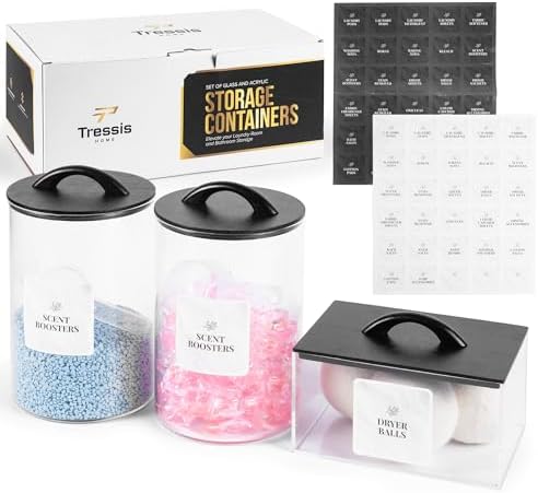 Laundry Pod Storage Container Set | Two 3L Glass Jars & One Acrylic Dryer Sheet Container with Bamboo Lids – Includes 2 Scoops, 60 Waterproof Laundry Labels – Dishwasher Safe by Unknown