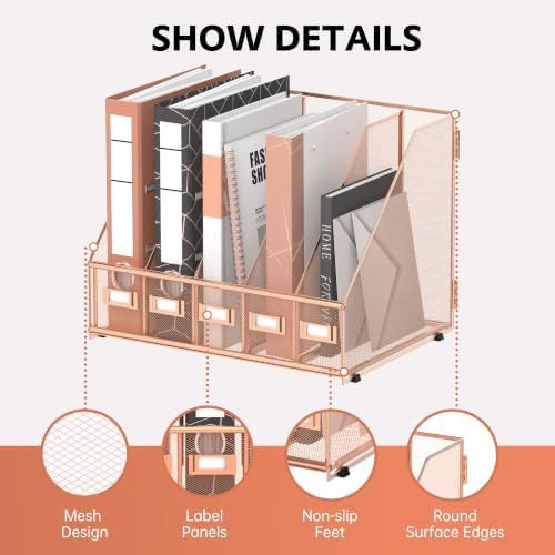 5 Vertical Compartments Magazine Holder, Metal Binder Organizer, RoseGold - Image 3