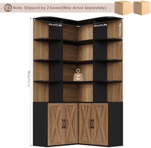 FINETONES 74" Tall Corner Bookshelf, Wooden Bookshelf with Doors - Image 2