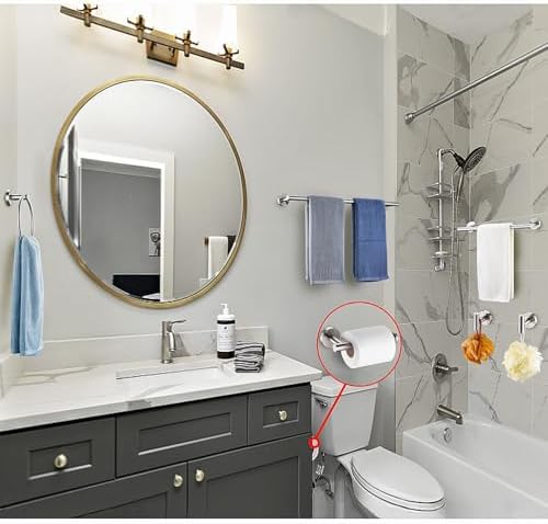 6 Pieces Brushed Nickel Bathroom Hardware Accessories Set Hand Towel Ring 16&23.6 inch Round Towel Bar Silver Toilet Paper Holder Towel Hooks 2 Pieces SUS 304 Stainless Steel,Heavy Duty,Wall Mounted - Image 2