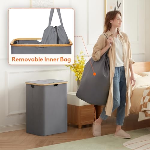 Lifewit 150L Large Laundry Basket with Lid, 2 Removable Bags, Gray - Image 3
