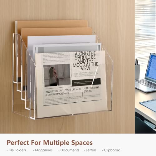 DINGHUO 5 Tier Acrylic Desk Office Wall File Organizer, Clear Wall Mounted File Holder, Magazine Rack Hanging File Organizer (Adhesive Hooks x 2) - Image 7