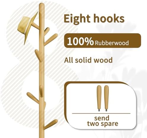 Solid Wood Square Base Coat Rack, Free Standing Hall Coat Tree with 8 Hooks（+2 spare) for Coats, Hats, Bags, Purses, for Entryway, Hallway, Rubberwood Hooks,Base and Pole,(Square Base, Natural Beige) - Image 2