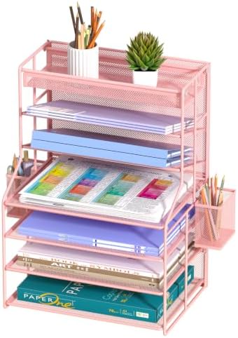 Pink 7 Tier Desk File Organizer, Metal Letter Tray Paper Organizer with Pull-Out Drawer, Removable Pen Holder & Hanging Basket, Vertical Desktop File Holder for Home Office, Classroom by FANXIYQ