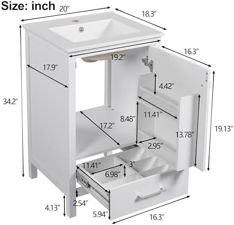 Harper & Bright Designs 20" Bathroom Vanity with Sink, Free Standing Single Vanity Set with One Divider Drawer, and Door Storage Shelf, Wooden Storage Cabinet with Ceramic Basin for Bathroom, White - Image 2