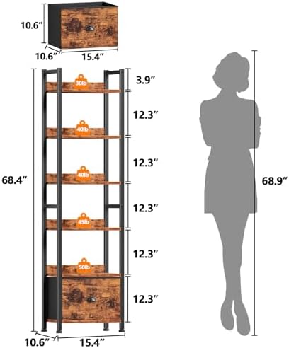 Furologee 6 Tier Bookshelf with Drawer, Tall Narrow Bookcase, Rustic Brown - Image 3