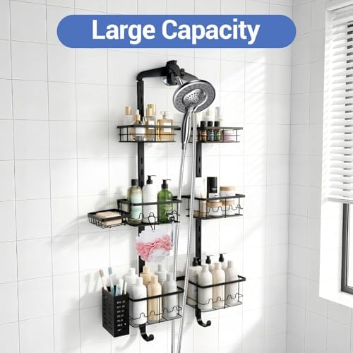 Extra Large Shower Caddy Hanging, Rust-Resistant Shower Organizer Hanging, 3 Tier Height-Adjustable Over the Head Caddy, Rack with Soap Basket (Black) - Image 2