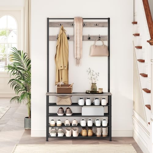 HOOBRO Hall Tree, Coat Rack with Shoe Rack, 39.4" Hall Tree with Bench, 5 Tier Shoe Storage Organizer with 9 Hooks for Entryway, Closet, Sturdy, Industrial, Greige and Black BG801MT01 - Image 2