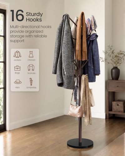 SONGMICS Freestanding Coat Rack, 16 Hooks, Steel Coat Tree with Marble Base - Image 3