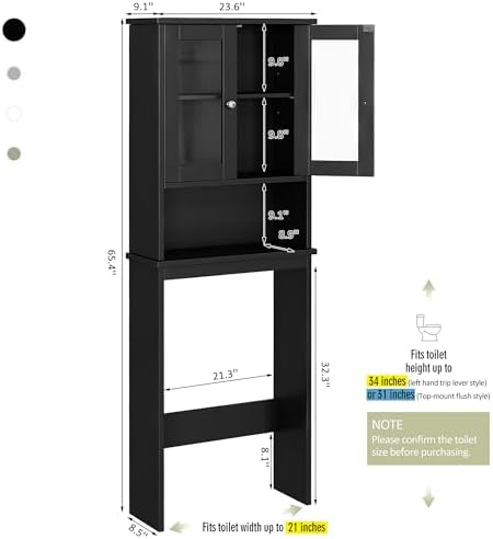 Over The Toilet Storage Cabinet for Bathroom, Storage Organizer Over Toilet with Glass Doors, Space Saver for Living Room, Black - Image 2