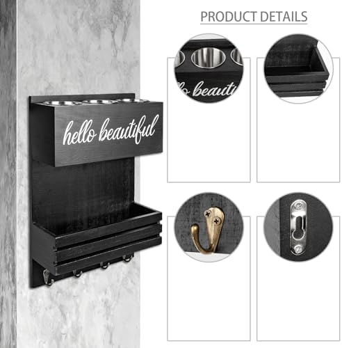2Tier Black Wooden Hair Dryer Holder Wall-Mounted Organizer - Image 5