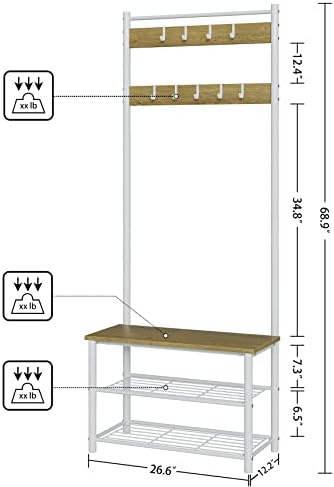 Hall Tree with Bench and Shoe Storage, 3-in-1 Coat Rack Shoe Bench, Freestanding Wooden Coat Rack with Metal Frame, 3-Tier Storage Shelf and 9 Removable Hooks, White/Walnut - Image 4