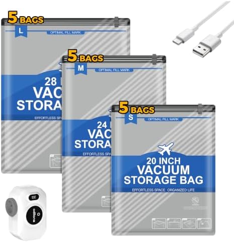 Vacuum Storage Bags, Vacuum Seal Bags for Clothing, Travel Vacuum Bags with Electric Pump, Space Saver Bags for Travel, Reusable Compression Bags, 15-Combo Set by Odilona