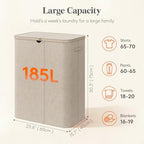 Lifewit 185L 3 Section Laundry Hamper with Lid, Laundry Basket, Beige - Image 2