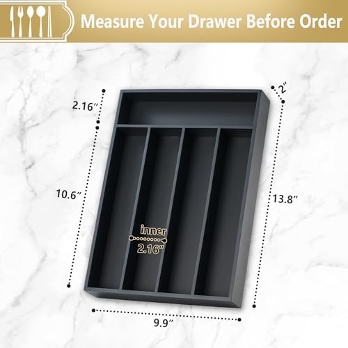 Silverware Organizer, 2 Pack 10 Inch Utensil Organizer Kitchen Drawer Organizer Bamboo Silverware Holder Cutlery Tray Organizer in Drawer Flatware Organizer Tray(5 slots, Black） - Image 2