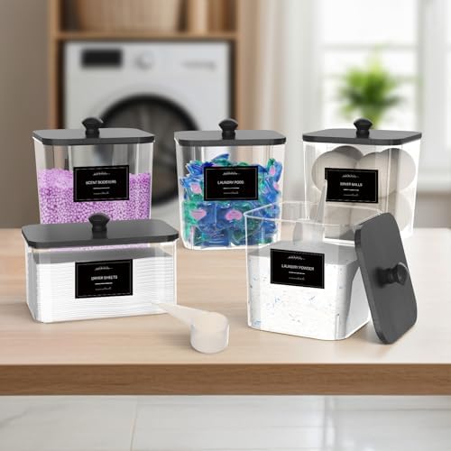 COAZEX 4+1 Pack Clear Laundry Pods Container & Dryer Sheet Holder Black Lid - Image 5