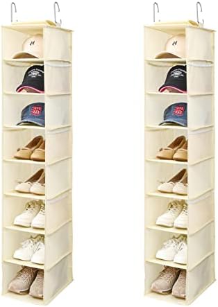 Berdeng Hanging Shoe Organizer for Closet with Side Mesh Pockets，Hat Racks for Baseball Caps，Shoe and Hat Holder & Storage，8-Shelf，Beige，2 Pack by Berdeng