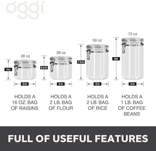 Oggi 4pc Clear Canister Set with Clamp Lids Airtight Containers in Sizes Ideal for Kitchen & Pantry Storage of Bulk, Dry Foods Including Flour, Sugar, Coffee, Rice, Tea, Spices & Herbs - Image 6