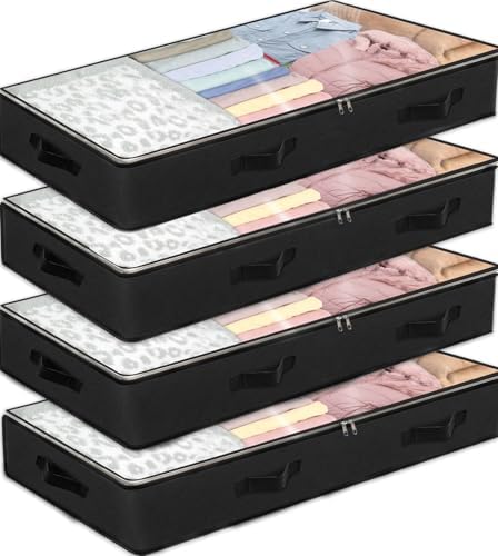 4 Pack Under bed Storage Containers, 90L Large Capacity Bedroom Closet Organizers and Storage Bins Foldable Underbed Storage Bags for Clothes, Blanket, Towels, Comforter, Sweaters, Linen Sheet - Black by BiCINE