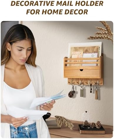 Rebee Vision Mail Organizer Wall Mount with Drawer for Entryway,Light Brown - Image 3