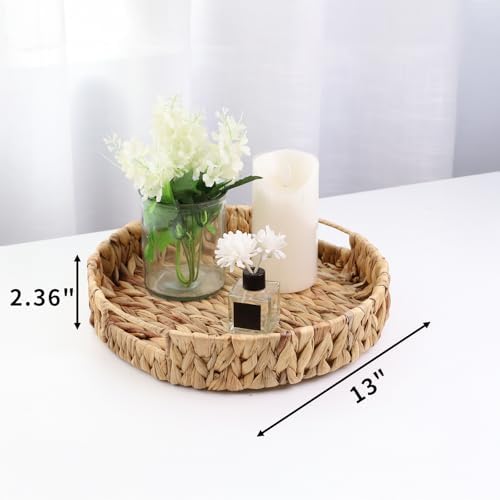 YRMT Water Hyacinth Serving Tray Round Woven Tray with Handles Boho Decorative Tray for Breakfast, Coffee, Table, Dining 13" x 13" x 2.3" - Image 4