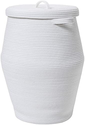 26"x20" Extra Large Tall Woven Laundry Basket with Lid, Cotton Rope Blanket Storage Basket, Freestanding Decorative Bin for Bedroom Living Room, White by Cottonphant