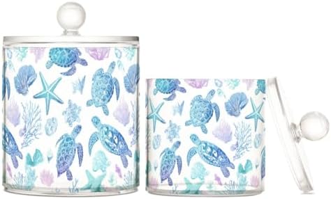 Line Art Turtles Starfish and Coral Qtip Holder Waterproof Dustproof Apothecary Jars with Lids For Bathroom Cotton Swabs Makeup Sponges Floss Picks Bath Salts 2 Pack by Tatenale