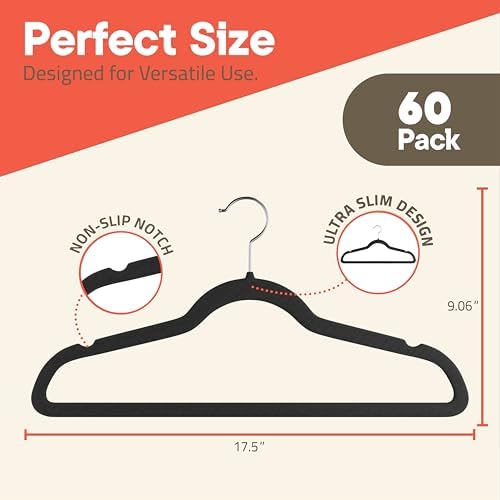 Black Velvet Hangers 60 Pack – 360° Swivel Hook, Non-Slip and Space Saving Hangers, Heavy-Duty 11 lbs Weight Capacity - Smooth Velvet Finish for Crease-Free Clothes and Effortless Closet Organization - Image 2