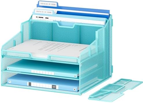 Lavatino Desk Paper File Organizer - Metal Mesh with 2 Letter Trays, 7 Flexible Dividers, 2 Vertical File Folder Holders for Office/Home/Classroom Supplies, Desk Organizers and Accessories, Blue - Image 3