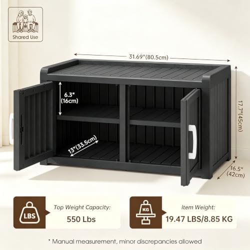 2-Tier Storage Bench, Waterproof UV-Resistant Outdoor Shoe Storage Cabinet with 2 Doors & Adjustable Shelves for Indoor Outdoor Entryway, Hallway, Living Room (Black) - Image 3