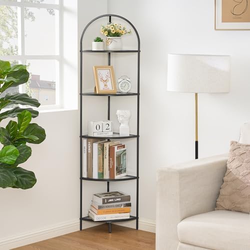 Homhedy 5-Tier Glass Corner Shelf Stand, Metal Corner Bookshelf by Homhedy