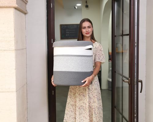 16" x 16" x 18" Extra Large Storage Basket with Lid, Cotton Rope Storage Baskets, Laundry Hamper, Cloth Bin, for Clothes Towels Blankets Pillows Storage in Living Room, White/Grey Mix/Dark Grey - Image 4